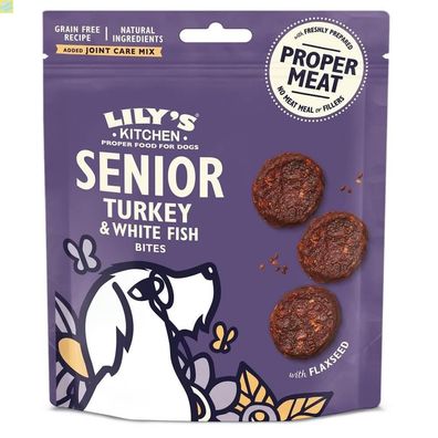 8 x Lilys Kitchen Dog Turkey &amp; White Fish Bites for Senior Dogs 70g