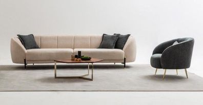 Modern Sessel Polster Sofa 3 Sitzer Beige Hochwertig Sofas Design Textil neu
