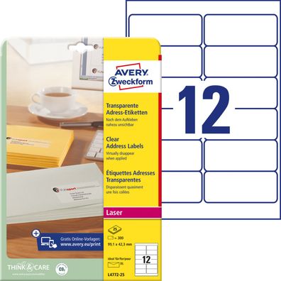 Avery Zweckform L4772-25 300 Folien-Etiketten transparent 99,1x42,3mm