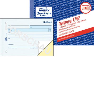 Avery Zweckform 1742 Quittung Kleinunternehmer A6 quer SD 2x40 Blatt