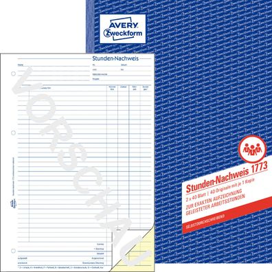 Avery Zweckform 1773 Stundennachweis A4 SD 2x40Blatt Arbeitsnachweis