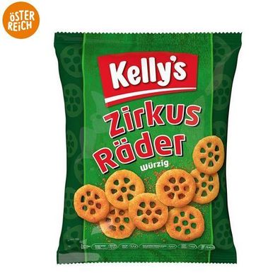 Würzig pikante Zirkusräder von Kellys Mais-Weizen-Kartoffel-Snack 80 g