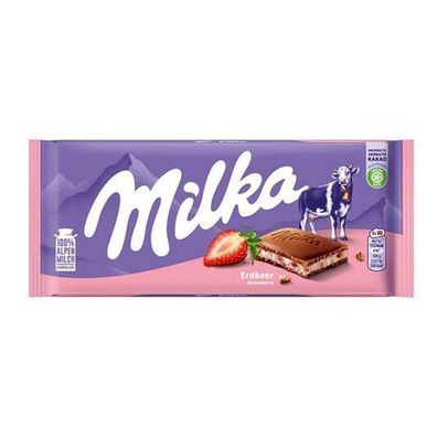 Milka Erdbeere Alpenmilch Schokolade Füllung (51%) mit Erdbeergesch 4 Varianten