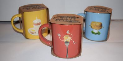 Kaffebecher Tasse Tee Henkelbecher 3 Stck. NEU/ OVP mit Werbespruch Gelb/ Blau/