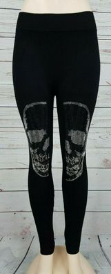 Damen Leggins Totenkopf Skull New Strass Schwarz Hose Slim Fit One Size 36-42