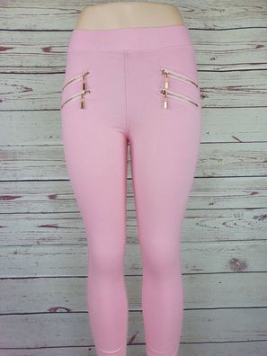 Damen Hose Leggings Rosa Pink Gold Reißverschluss Skinny Stoffhose NEU