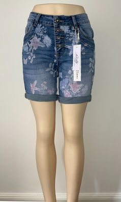 Damen Kurze Jeans Shorts Bermuda Jewelly Blau Blumen Muster Strass Knöpfe NEU