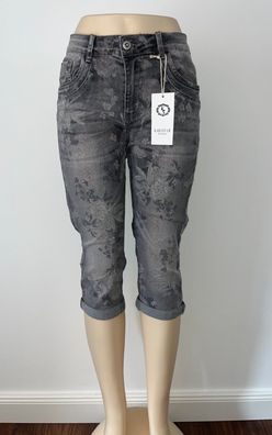 Damen Kurze Jeans Shorts Bermuda Karostar Anthrazit Grau Blumen Muster NEU