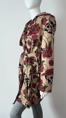 Damen Jacke Trenchcoat Mantel Totenkopf Blumen Rosen Beige Schwarz Überwurf NEU