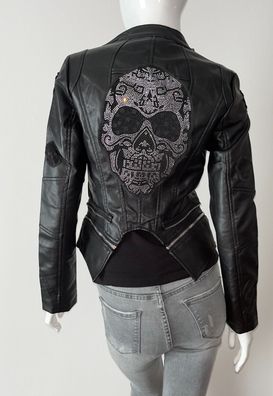 NEU Damen Lederjacke Totenkopf Schwarz Strass Biker Kunstleder Gothic Skull ?