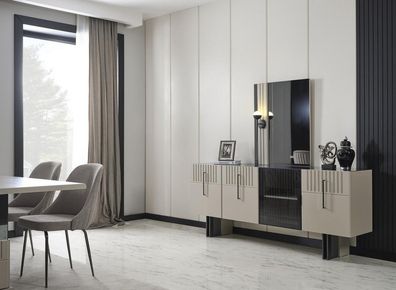 Modernes Esszimmer-Set Kommode mit Spiegel in hellgrauem Holz 2tlg Neu