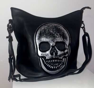 Damen Handtasche Schwarz Totenkopf Silber Skull Kunstleder Shopper Tasche NEU