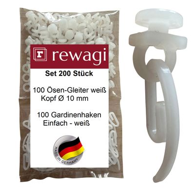 rewagi Set - 100 Ösen-Gleiter & 100 Gardinenhaken, Überklipshaken, Faltenhaken