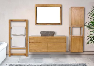 Teak-Badezimmer-Set HWC-M71, Waschtisch Schrank Spiegel Handtuchhalter Waschbecken