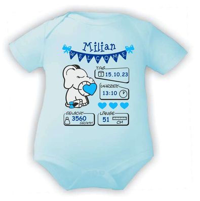 Kurzarm Baby Body personalisiert mit Motiv Elefant BOY und Geburtsdaten