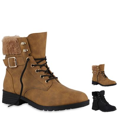 VAN HILL Damen Worker Boots Stiefeletten Bequeme Outdoor Kunstfell Schuhe 840725