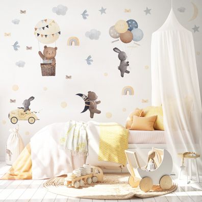 Wandtattoo Wandsticker für Kinderzimmer TIERE Sterne Wolken Ballons Aufkleber