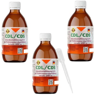 CDL CDS 0,3% 3x250ml Set in Braunglasflasche mit Pipette zur Trinkwasserdesinfektion