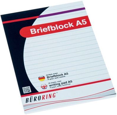 Büroring Briefblock A5 liniert 70g/ m² 50 Blatt holzfrei weiß BRG543504 geleimt