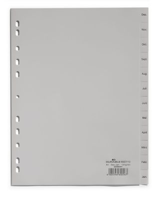 Durable Register A4 Januar- Dezember grau Kunststoff 12-teilig gelocht 6507-10
