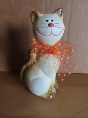 Figur Katze klein Keramik sitzt aufrecht braune Ohren Schwanz Pfoten beige