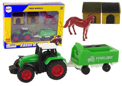 Bauernhof-Set Traktor Anhänger Pferd 1:64