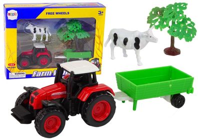 Bauernhof-Set Traktor Anhänger Kuh 1:64