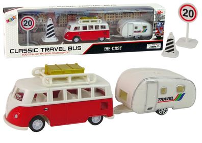 Roter Bus mit Camping-Anhänger Fahrzeugset