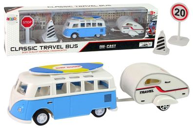 Blauer Bus mit Wohnwagen - Fahrzeugset