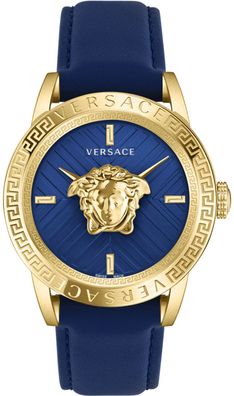 Versace VESN00322 V-Code Palazzo gold blau Leder Armband Uhr Herren NEU
