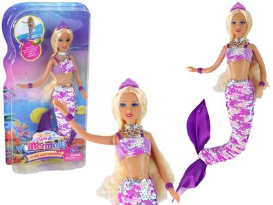 Meerjungfrau-Puppe, lila, langes blondes Haar, Meerjungfrauenschwanz, Pailletten
