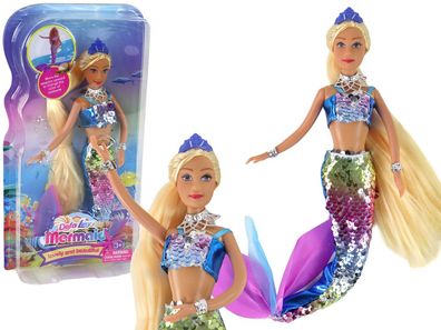 Meerjungfrau-Puppe, blau, langes blondes Haar, Meerjungfrauenschwanz, Pailletten