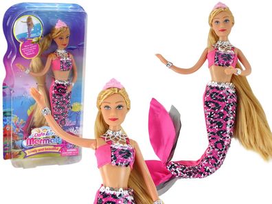 Meerjungfrau-Puppe, rosa, langes blondes Haar, Meerjungfrauenschwanz, Pailletten