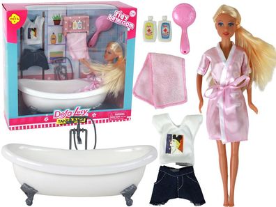 Kinderpuppe, langes blondes Haar, Bademantel, rosa Badewanne, Badezimmer