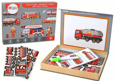 Eine Reihe magnetischer Puzzles mit einem Feuerwehrauto-Motiv