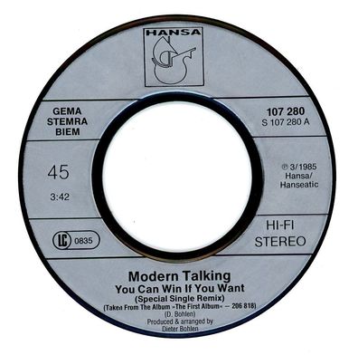 7" Modern Talking - You can Win if You want ( Remix / Ohne Cover )