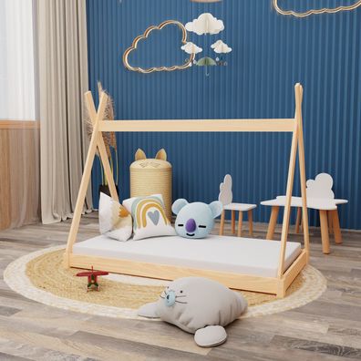 Montessori Kinderbett 140x70cm natur Tipi Spielbett Zeltform Holz bodentief mit ...