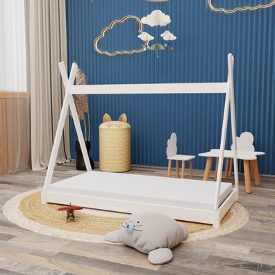 Montessori Kinderbett 160x80cm weiß Tipi Spielbett Zeltform Holz bodentief mit ...