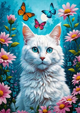 Weiße Katze mit Schmetterlingen