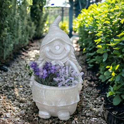 Gartenzwerg mit Pflanztopf Kübel Steintopf H 36cm Blumentopf Übertopf Zwerg Frau