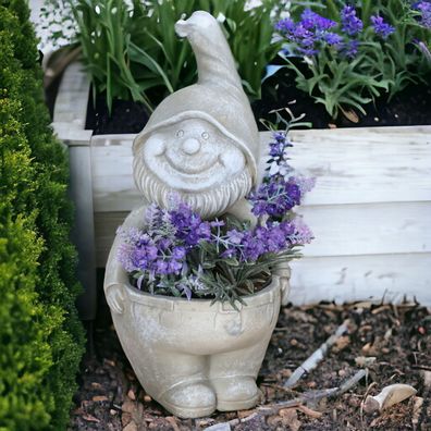 Gartenzwerg mit Pflanztopf Kübel Steintopf H 36cm Blumentopf Übertopf Zwerg Mann