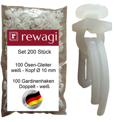 rewagi Set - 100 Ösen-Gleiter & 100 Gardinenhaken ZAT - Doppelt, Überklipshaken