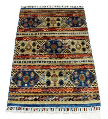 Teppich Orient Ziegler Khorjin 80x124 cm 100% Wolle Handgeknüpft blau beige