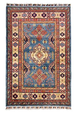 Teppich Orient Kazak 100x150 cm 100% Wolle Handgeknüpft Rug Carpet rot blau