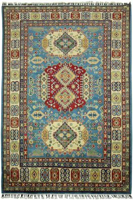 Teppich Orient Kazak 150x230 cm 100% Wolle Handgeknüpft Rug Carpet rot creme blau
