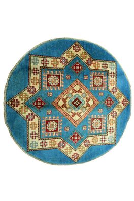 Teppich Orient Kazak 100x100 cm rund 100% Wolle Handgeknüpft Rug Tapis blau