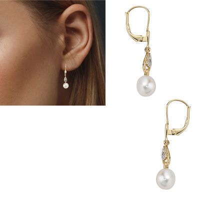 1 Paar Ohrhänger 33 mm aus 14 Karat 585 Gelbgold Perlen Diamanten 0,01 ct. W/ P1