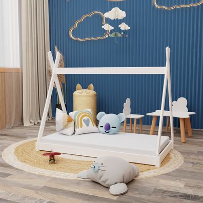 Montessori Kinderbett 140x70cm weiß Tipi Spielbett Zeltform Holz bodentief mit ...