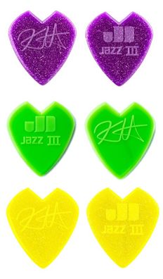 Dunlop Kirk Hammett Jazz III custom V-shaped, 0,88 mm Plektren, 2x gelb / grün / lila