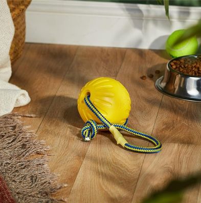Hundeball 9cm gelb mit Schnur interaktives Kauspielzeug , Wasserspielzeug